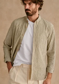 Sezane Chemises rayures|Chemises seersucker|Chemise Charlie Seersucker Coton Lin Rayures fines Kaki Marine Beige