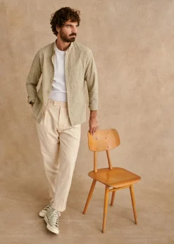 Sezane Chemises rayures|Chemises seersucker|Chemise Charlie Seersucker Coton Lin Rayures fines Kaki Marine Beige
