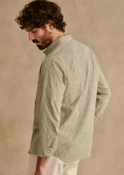 Sezane Chemises rayures|Chemises seersucker|Chemise Charlie Seersucker Coton Lin Rayures fines Kaki Marine Beige