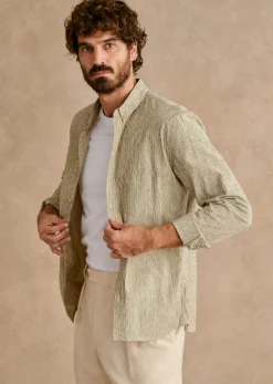 Sezane Chemises rayures|Chemises seersucker|Chemise Charlie Seersucker Coton Lin Rayures fines Kaki Marine Beige
