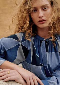 Sezane Chemises & Blouses|Chemise Lealys Patchwork Bleu