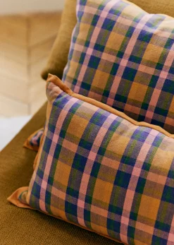 Sezane Les Tissus|Coussin Tissé Madras -  Grand Modèle Rose et Ocre