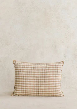 Sezane Les Tissus|Coussin Tissé Pianissimo -  Grand Modèle Carreaux Tissés Café et Blush -  Rayures Tissées Blush