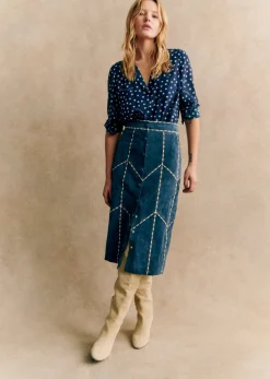 Sezane Jupes & Shorts|Jupe Alexane - Sézane X Pangea Broderie Ecru Camel Fond Bleu