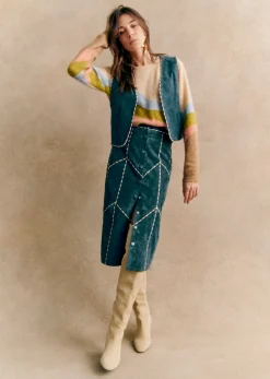 Sezane Jupes & Shorts|Jupe Alexane - Sézane X Pangea Broderie Ecru Camel Fond Bleu
