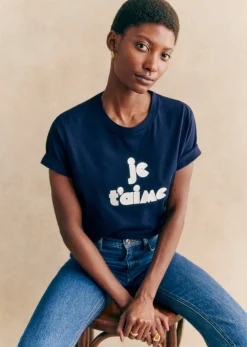 Sezane T-shirts|T-Shirt Je T'aime Marine / Ecru