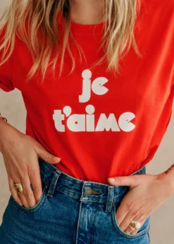 Sezane T-shirts|T-Shirt Je T'aime - Création Rose Rouge / Ecru