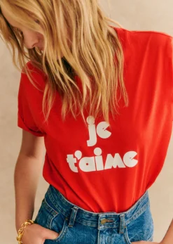 Sezane T-shirts|T-Shirt Je T'aime - Création Rose Rouge / Ecru