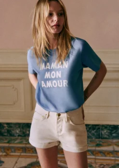 Sezane T-shirts|T-Shirt Maman Mon Amour Bleu / Ecru
