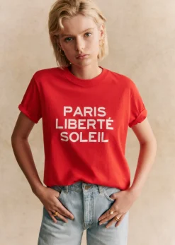 Sezane T-shirts|T-Shirt Paris Liberté Soleil Rouge / Ecru